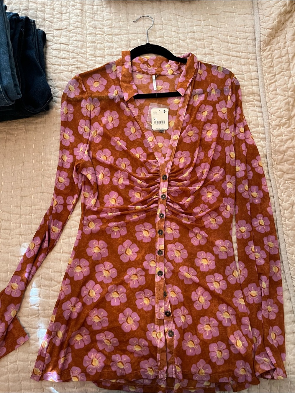 Free People Rust Floral Button-Down Shirt with Pink Flowers